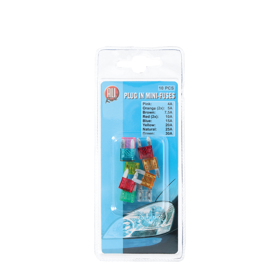All Ride autozekeringen mini plug-in 12v - set van 10 stuks - diverse sterktes van 4a tot 30a - geschikt voor diverse voertuigen en toepassingen - eenvoudig te installeren - kunststof