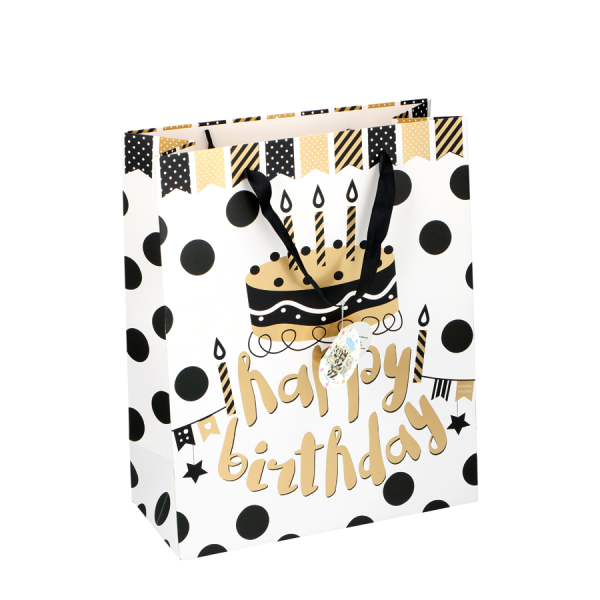 Cadeautas Happy Birthday Goud/Zwart Taart 26x12x32cm