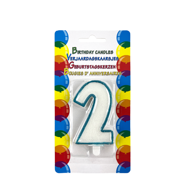 Verjaardagskaars Glitter Met Houder Cijfer 2 Blauw 8cm