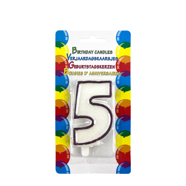 Verjaardagskaars Glitter Met Houder Cijfer 5 Paars 8cm