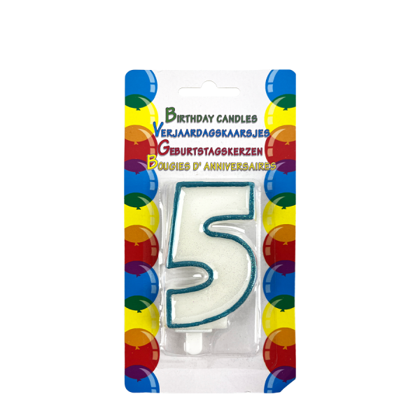 Verjaardagskaars Glitter Met Houder Cijfer 5 Blauw 8cm