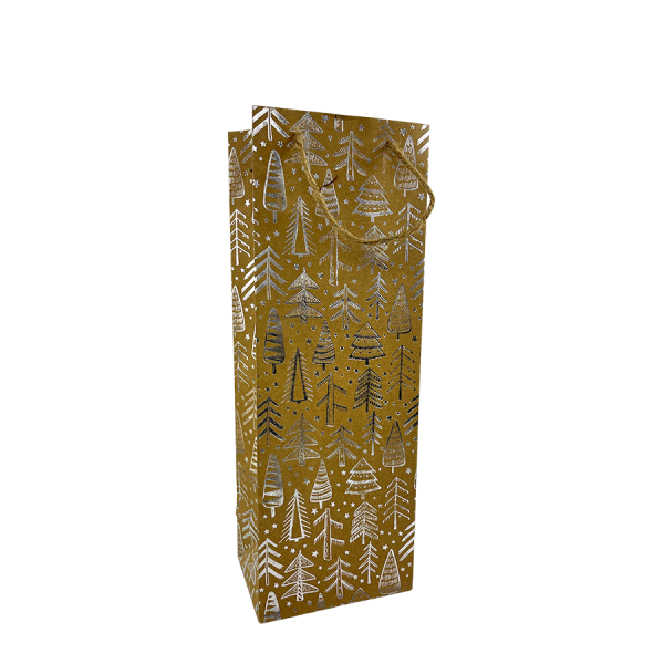 Cadeautas Fles Kraft Kerstboom Zilver 10x10x35cm