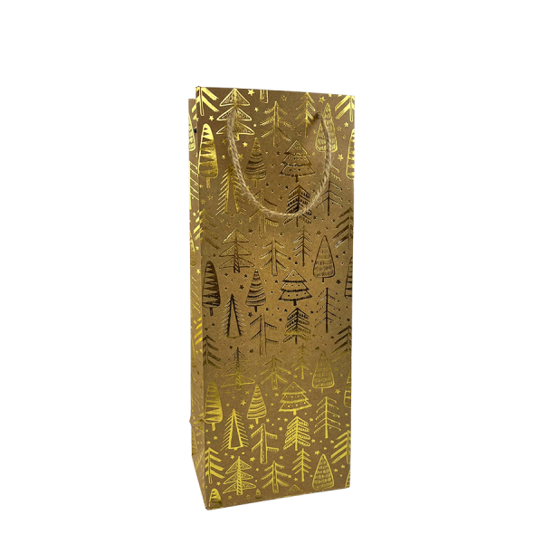 Cadeautas Fles Kraft Kerstboom Goud 10x10x35cm