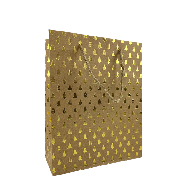 Cadeautas Small Kraft Kerstpatroon Goud 18x8x23cm