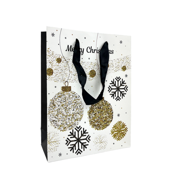 Cadeautas Medium Wit Glitter Merry Christmas Kerstbal 18x24x8cm