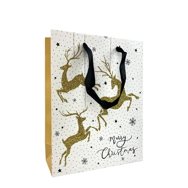 Cadeautas Medium Wit Glitter Merry Christmas Rendier 18x24x8cm