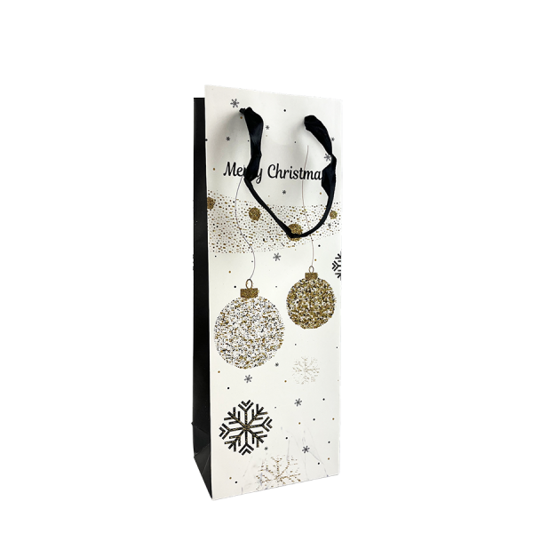 Cadeautas Fles Wit Glitter Merry Christmas Kerstbal 12,8x36x8,4cm