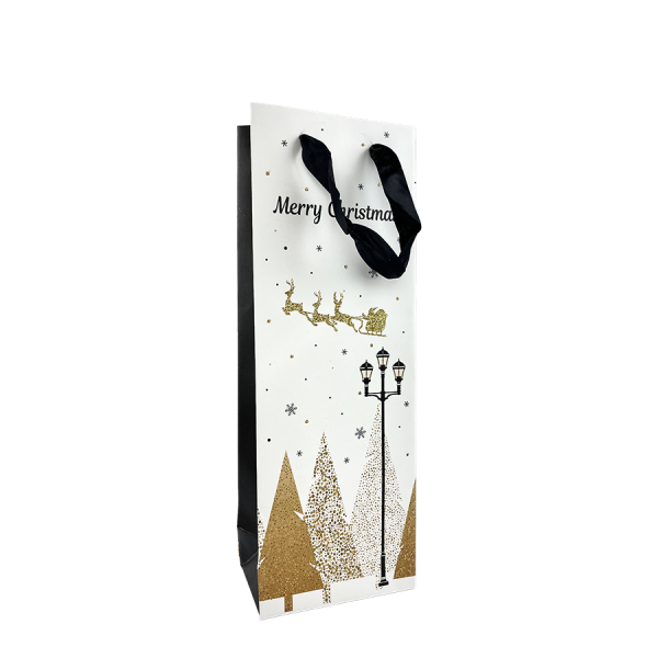 Cadeautas Fles Wit Glitter Merry Christmas Kerstslee 12,8x36x8,4cm
