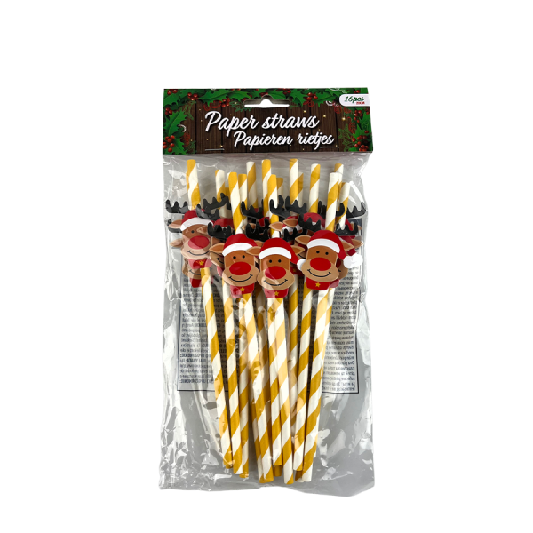Papieren Rietjes Geel Rendier 16 stuks