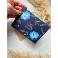 Art by Andu Wenskaart HBD Blue Flowers