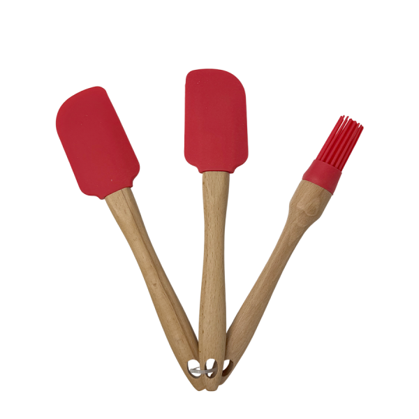 Kookgerei Hout/Siliconen Rood 3-delig