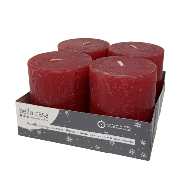 Bella Casa Rustieke Stompkaars Rood 80/68mm 4 stuks